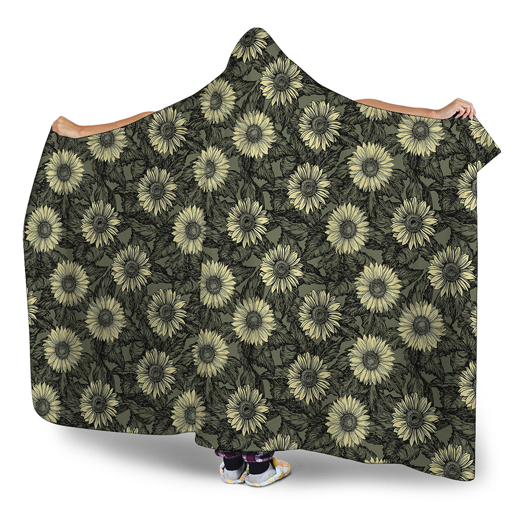 Dark Sunflower Pattern Print Hooded Blanket