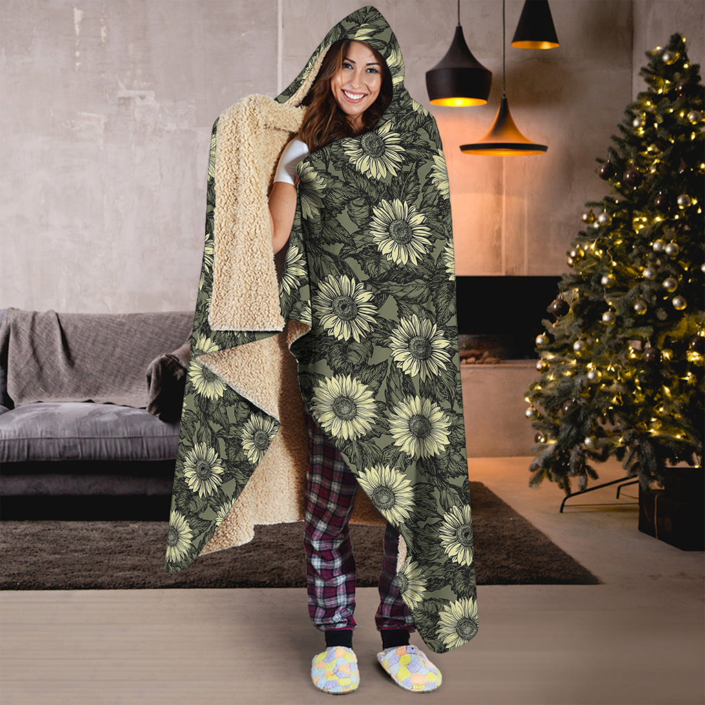 Dark Sunflower Pattern Print Hooded Blanket