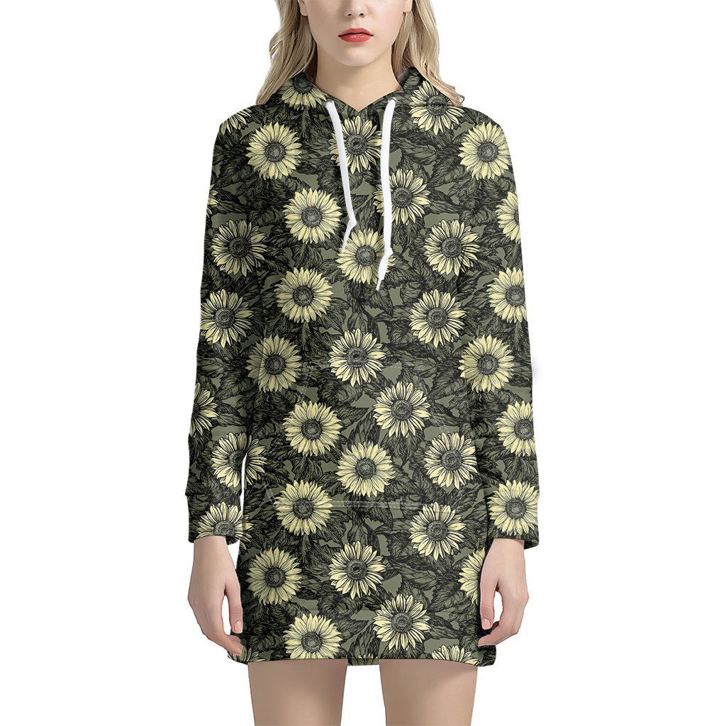 Dark Sunflower Pattern Print Hoodie Dress