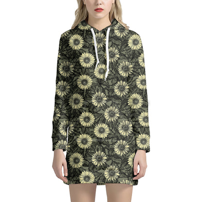 Dark Sunflower Pattern Print Hoodie Dress