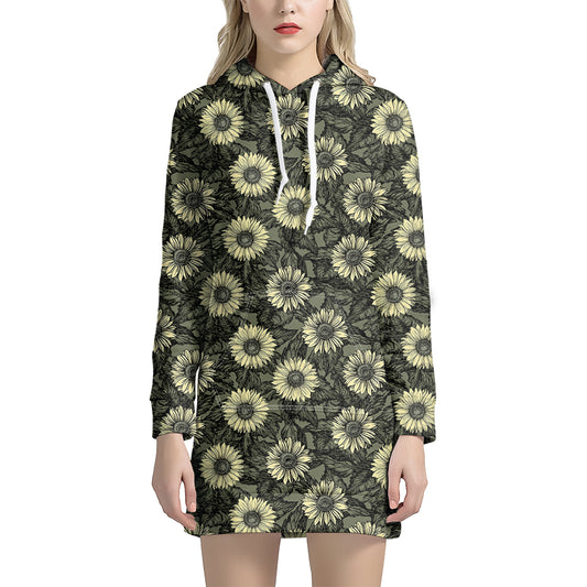 Dark Sunflower Pattern Print Hoodie Dress