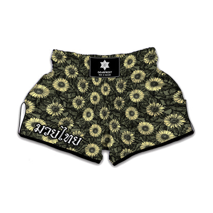 Dark Sunflower Pattern Print Muay Thai Boxing Shorts