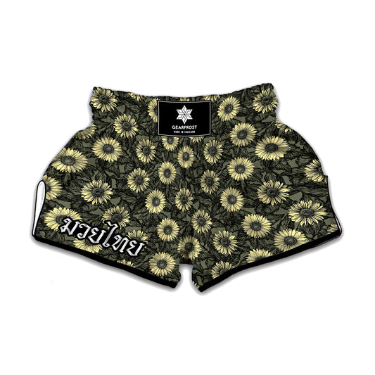 Dark Sunflower Pattern Print Muay Thai Boxing Shorts