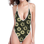 Dark Sunflower Pattern Print One Piece High Cut Swimsuit