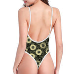 Dark Sunflower Pattern Print One Piece High Cut Swimsuit