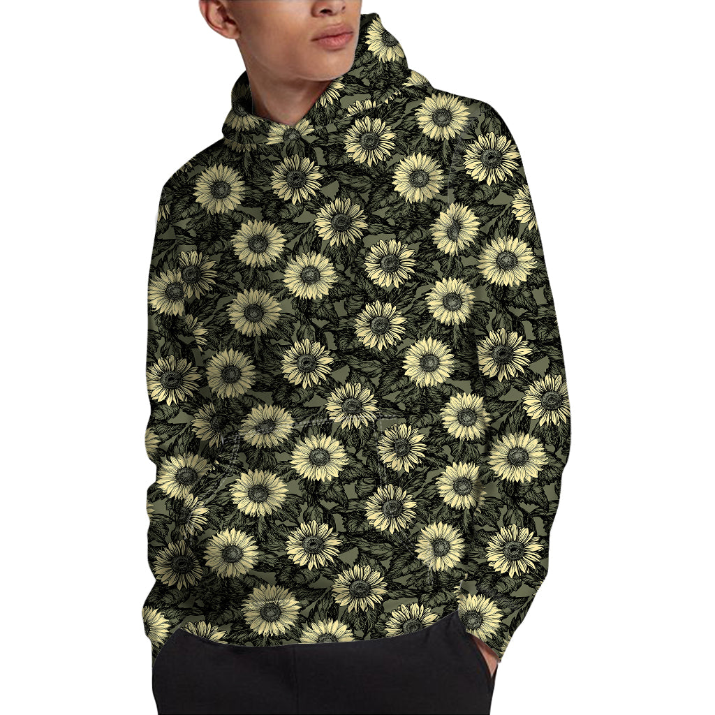Dark Sunflower Pattern Print Pullover Hoodie