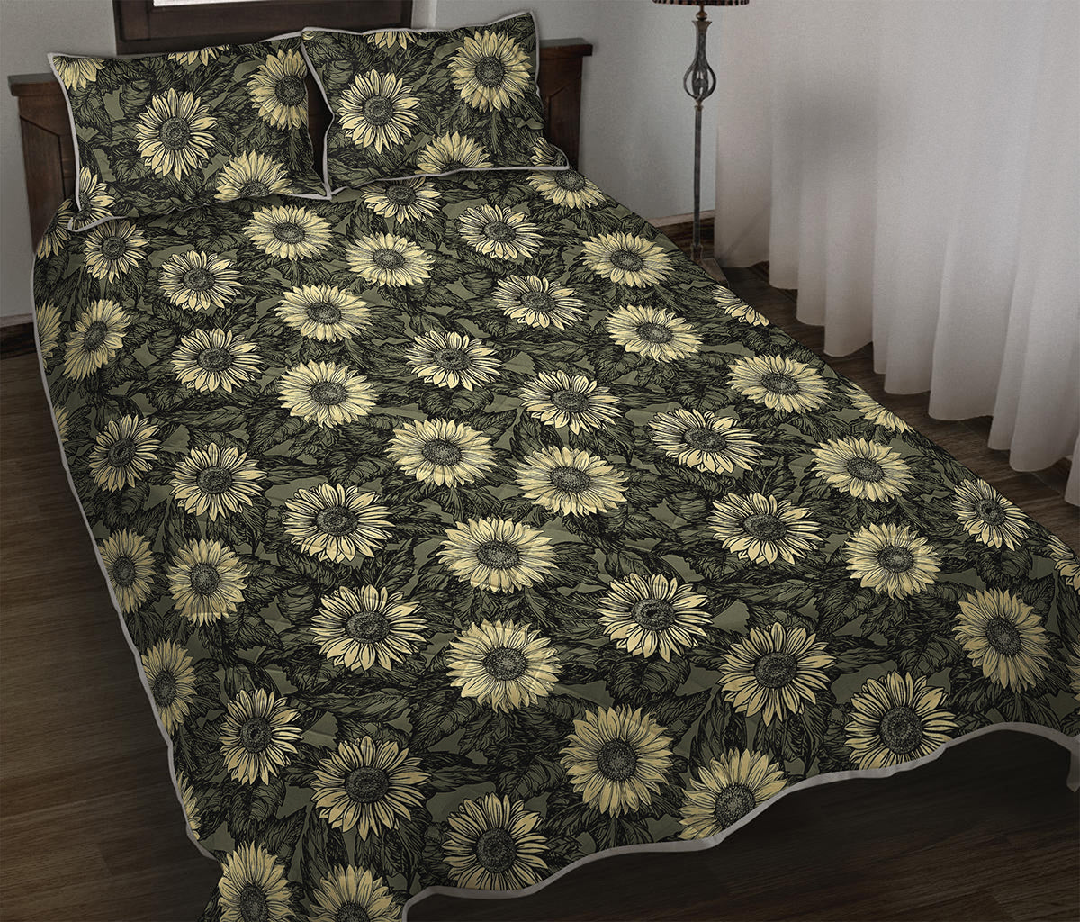 Dark Sunflower Pattern Print Quilt Bed Set