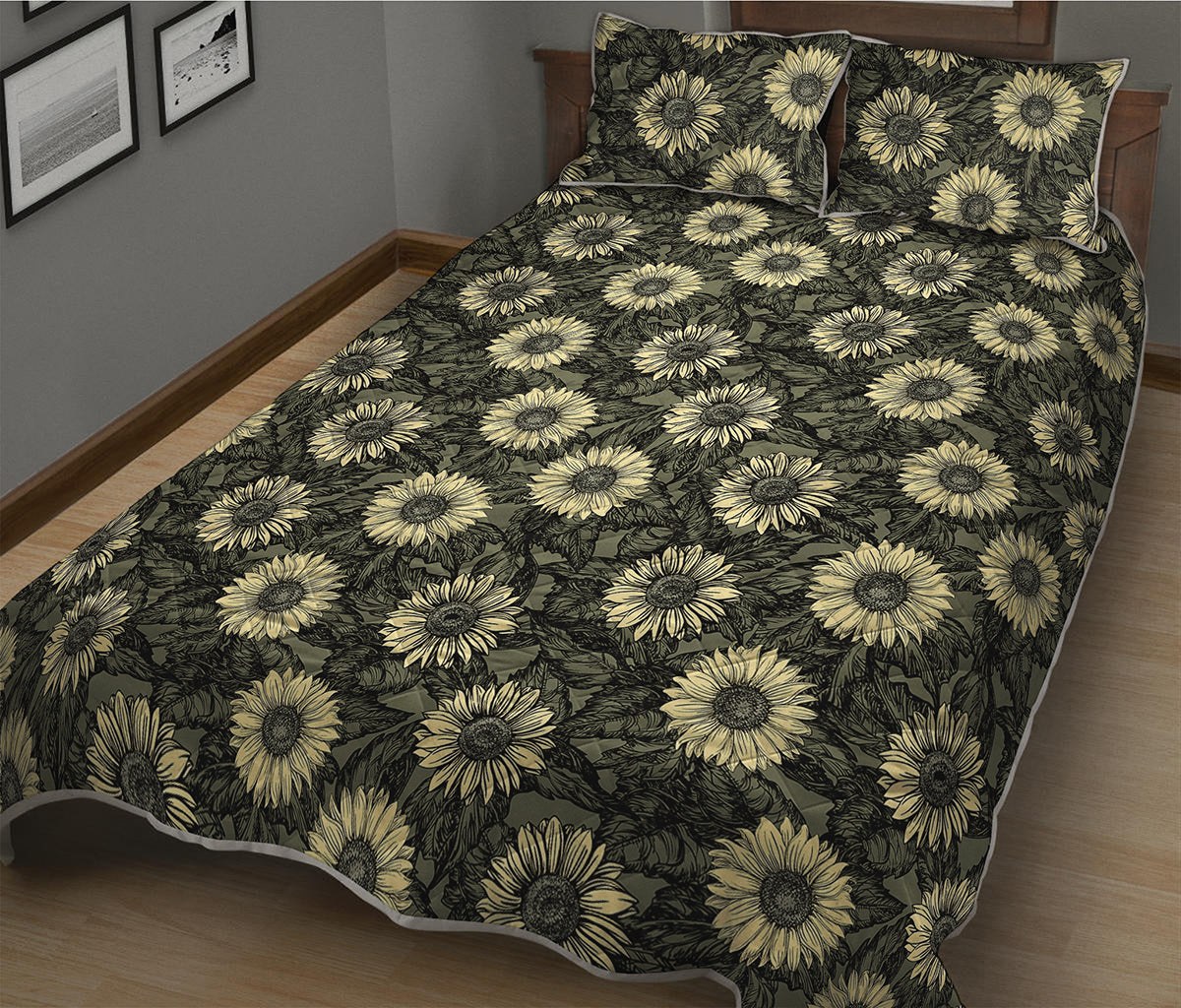Dark Sunflower Pattern Print Quilt Bed Set