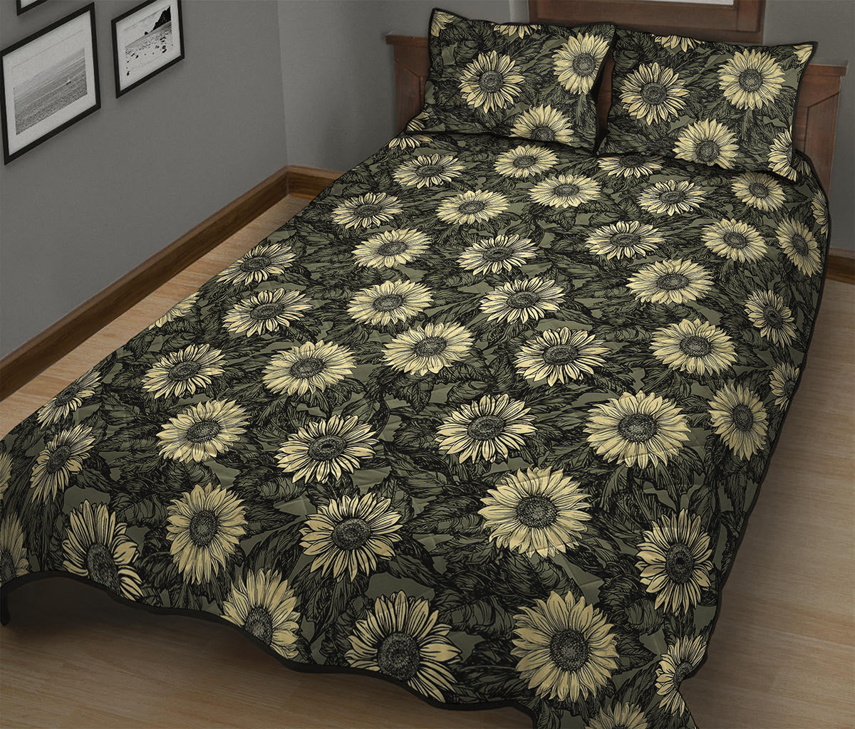 Dark Sunflower Pattern Print Quilt Bed Set