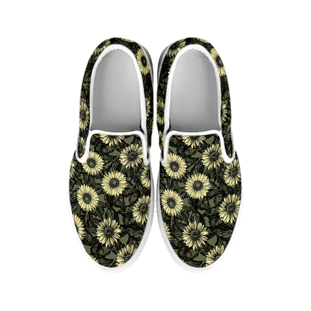 Dark Sunflower Pattern Print White Slip On Shoes