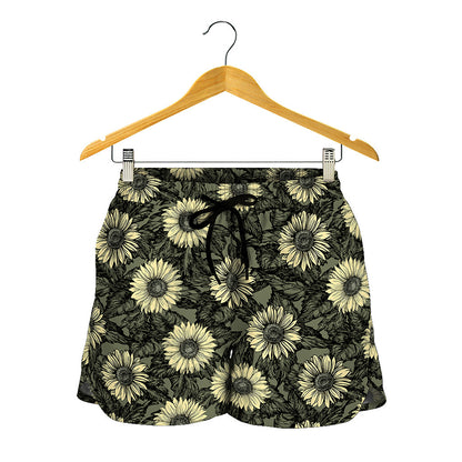 Dark Sunflower Pattern Print Women's Shorts