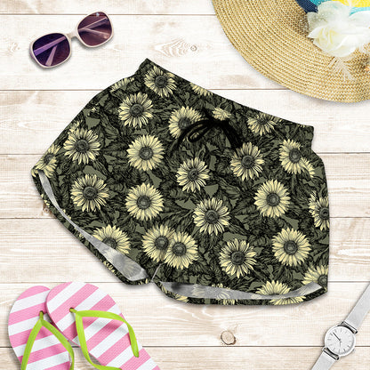Dark Sunflower Pattern Print Women's Shorts