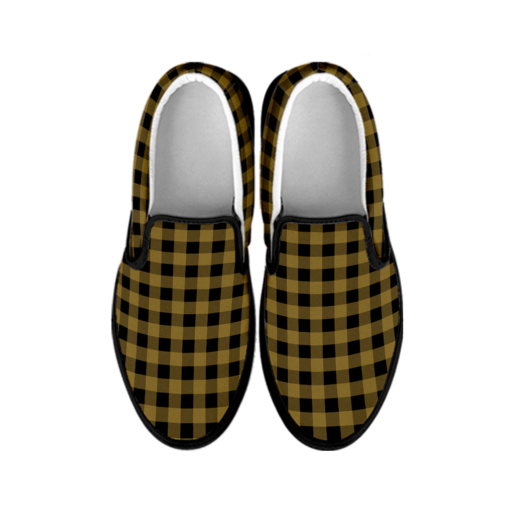 Dark Tan And Black Check Pattern Print Black Slip On Shoes