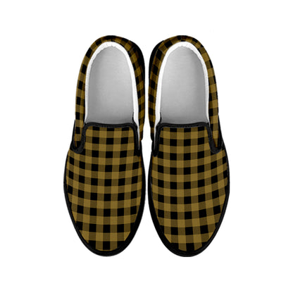 Dark Tan And Black Check Pattern Print Black Slip On Shoes