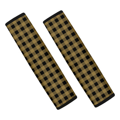 Dark Tan And Black Check Pattern Print Car Seat Belt Covers