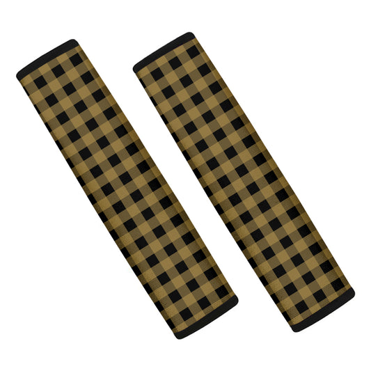 Dark Tan And Black Check Pattern Print Car Seat Belt Covers