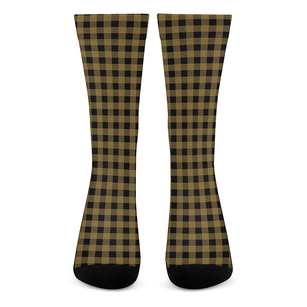 Dark Tan And Black Check Pattern Print Crew Socks