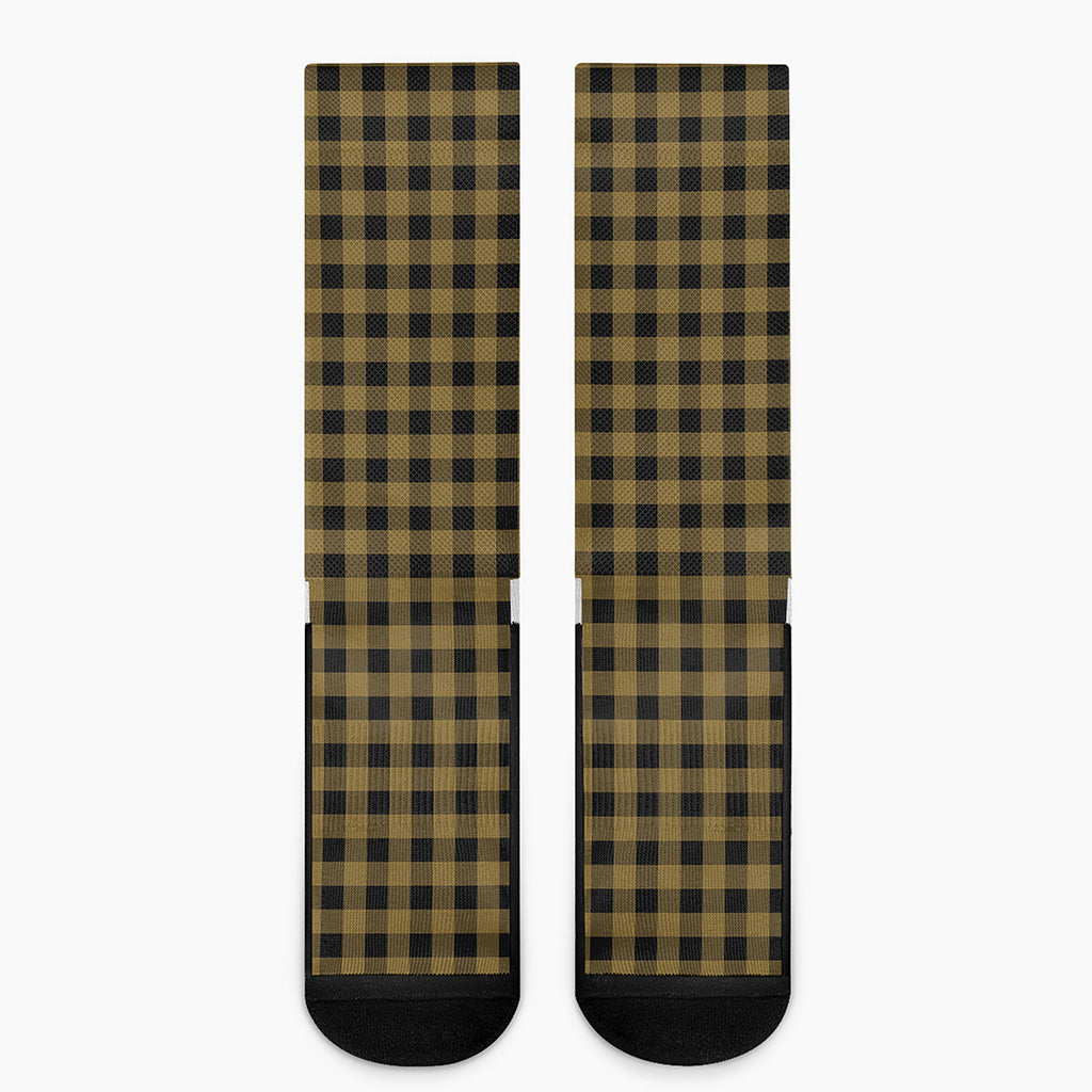 Dark Tan And Black Check Pattern Print Crew Socks
