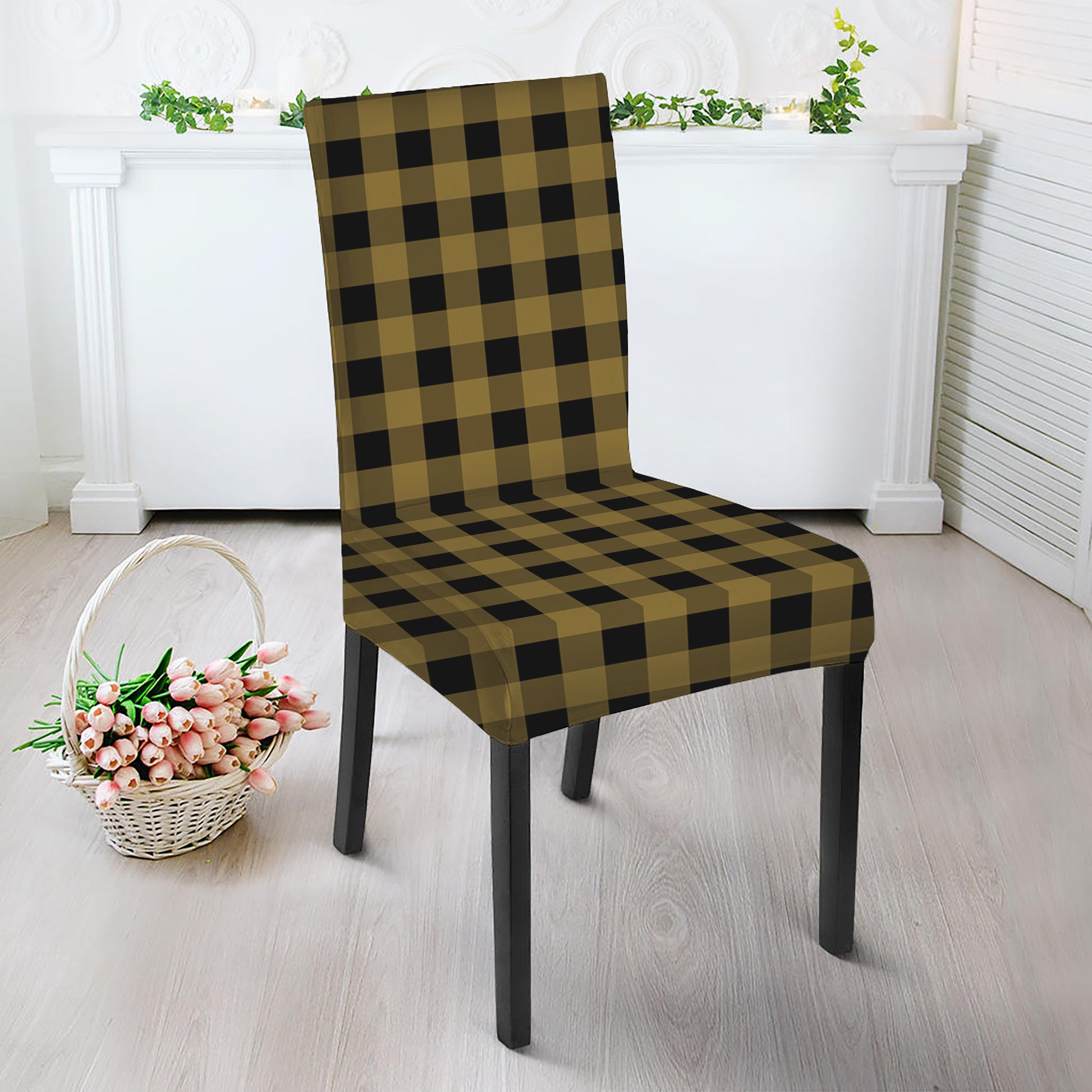 Dark Tan And Black Check Pattern Print Dining Chair Slipcover