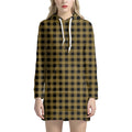 Dark Tan And Black Check Pattern Print Pullover Hoodie Dress