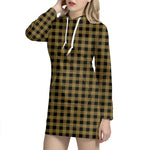Dark Tan And Black Check Pattern Print Hoodie Dress