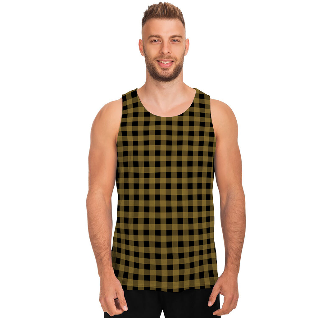 Dark Tan And Black Check Pattern Print Men's Tank Top