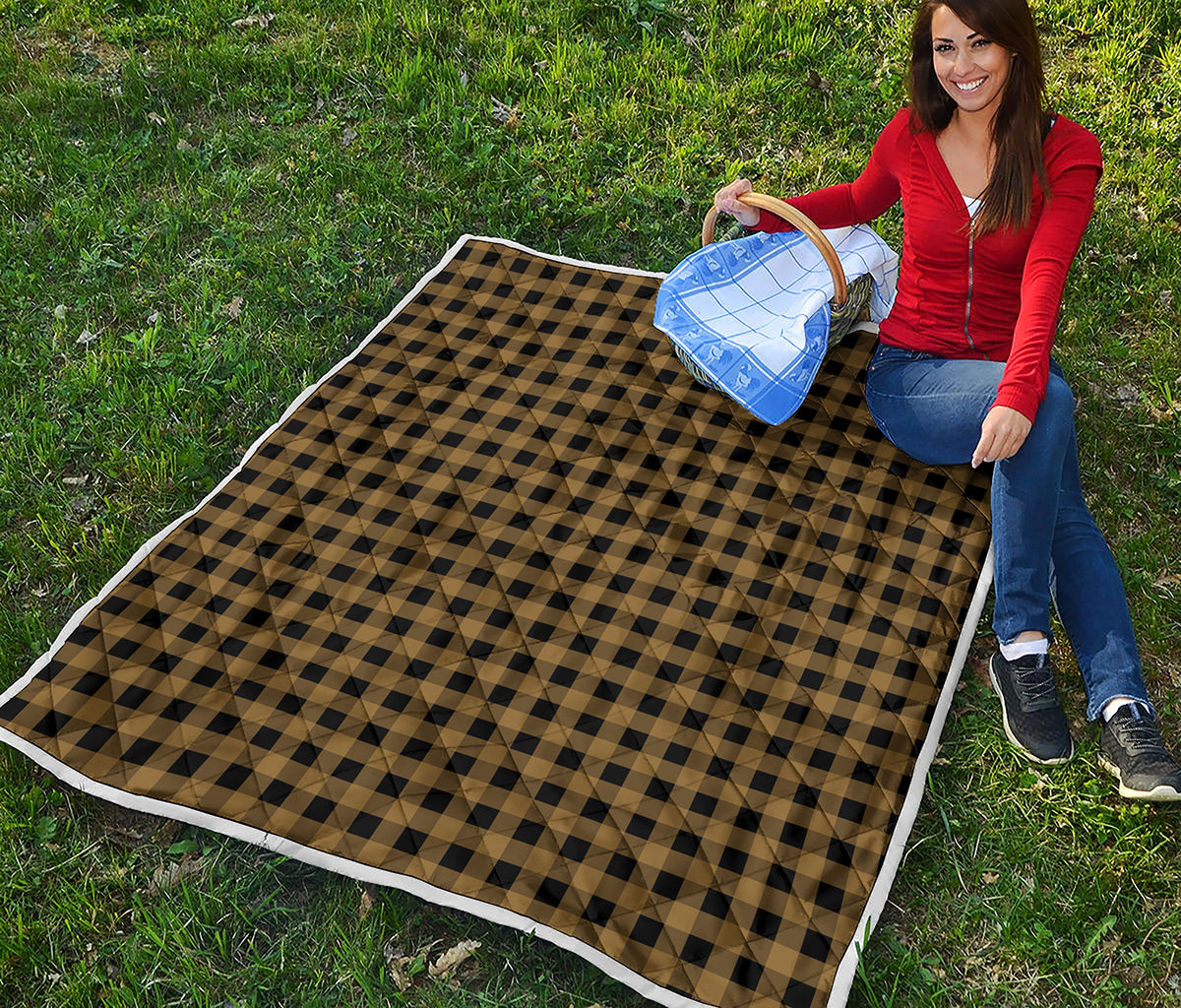 Dark Tan And Black Check Pattern Print Quilt