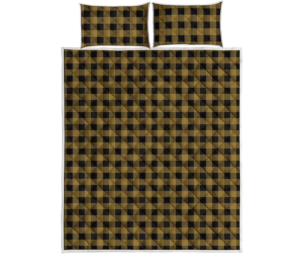 Dark Tan And Black Check Pattern Print Quilt Bed Set