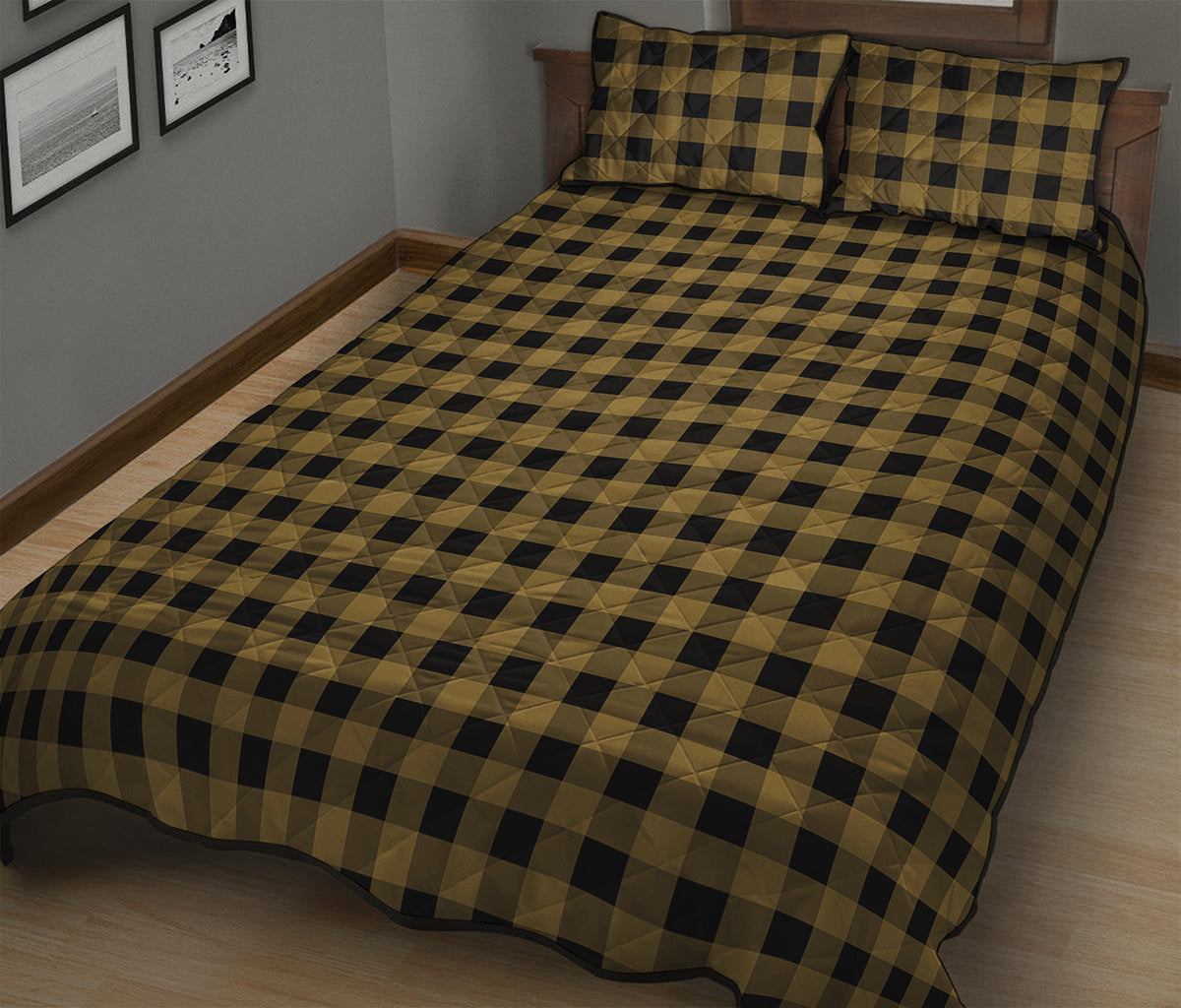 Dark Tan And Black Check Pattern Print Quilt Bed Set
