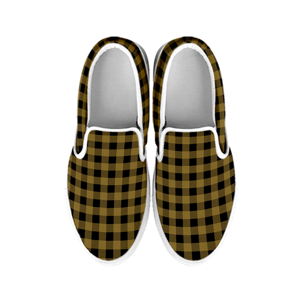 Dark Tan And Black Check Pattern Print White Slip On Shoes