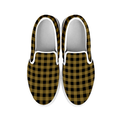 Dark Tan And Black Check Pattern Print White Slip On Shoes