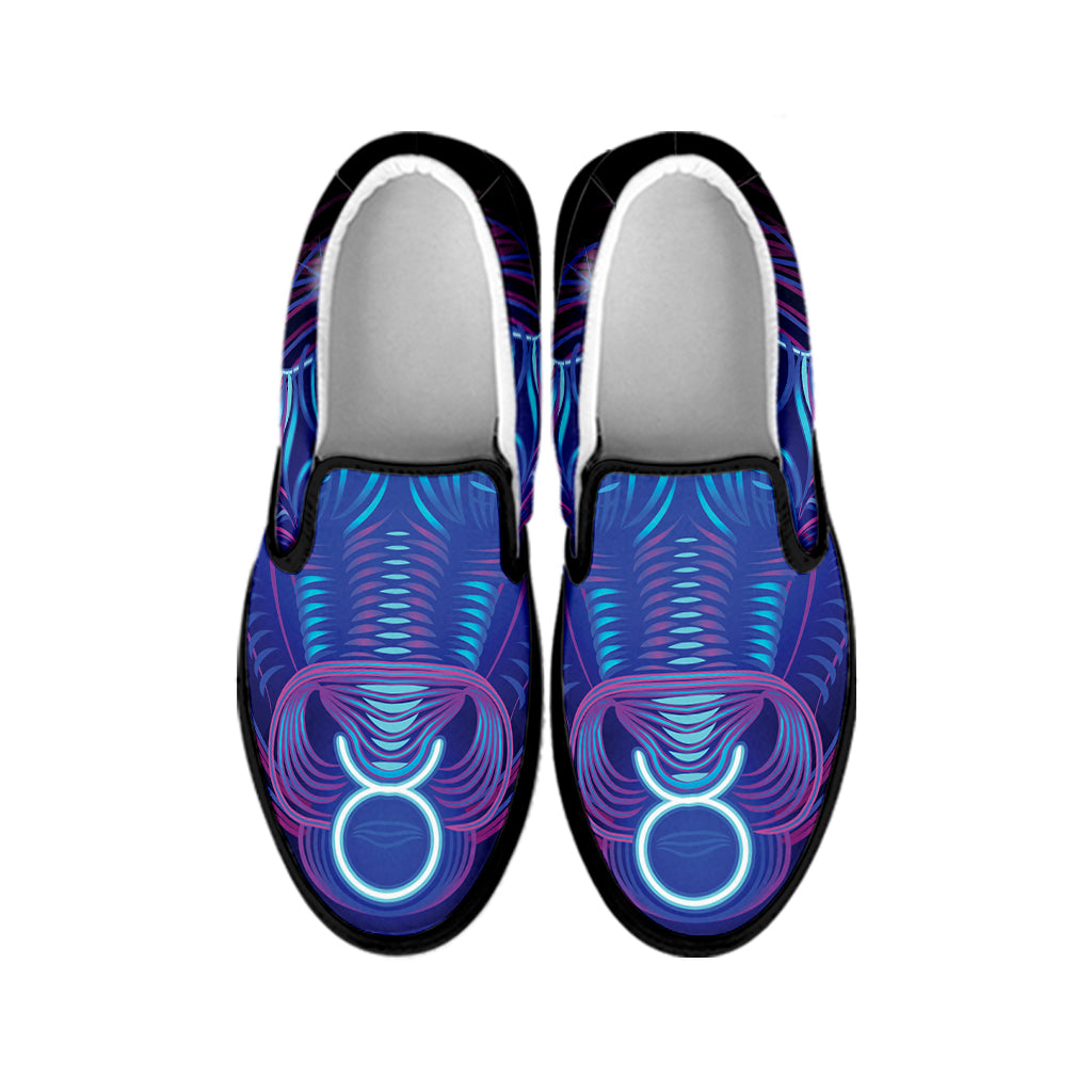 Dark Taurus Zodiac Sign Print Black Slip On Shoes