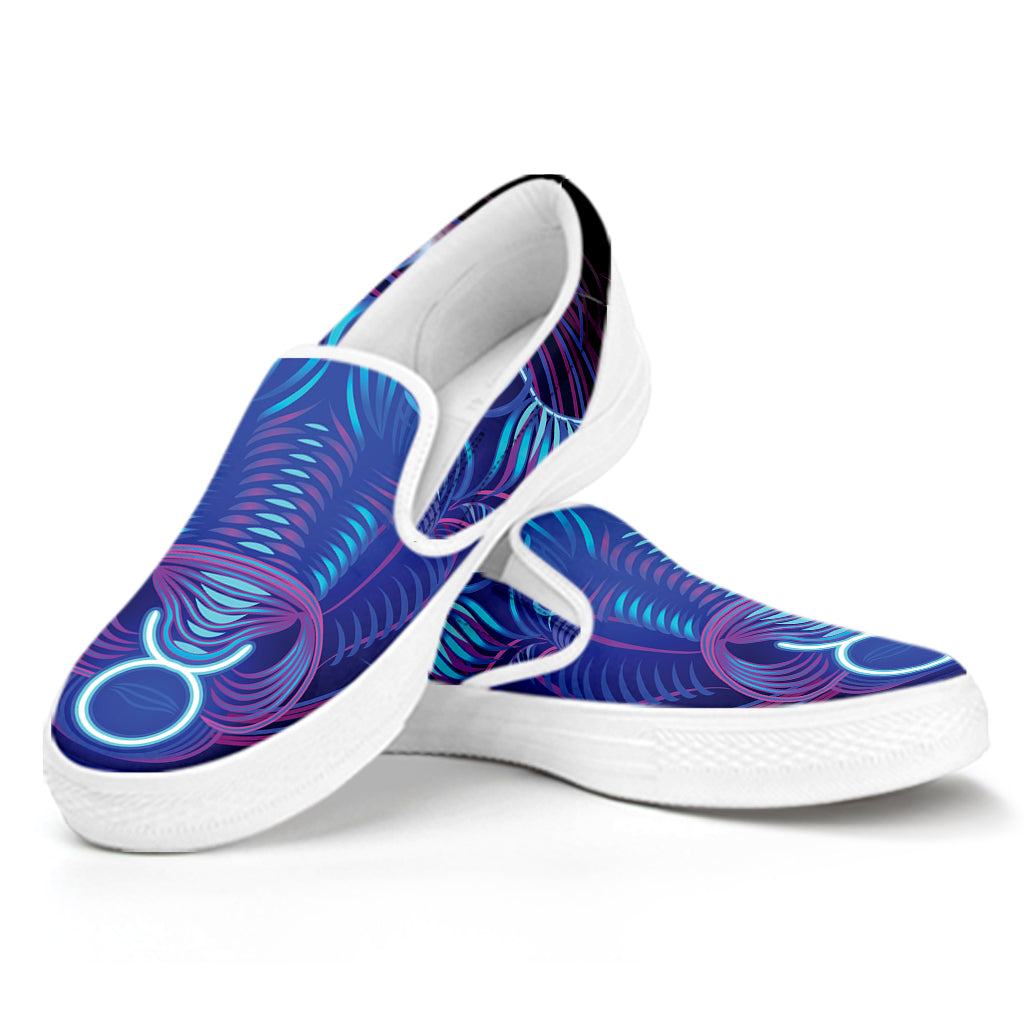 Dark Taurus Zodiac Sign Print White Slip On Shoes