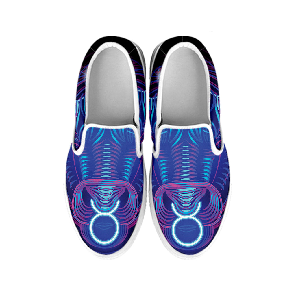 Dark Taurus Zodiac Sign Print White Slip On Shoes