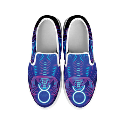 Dark Taurus Zodiac Sign Print White Slip On Shoes
