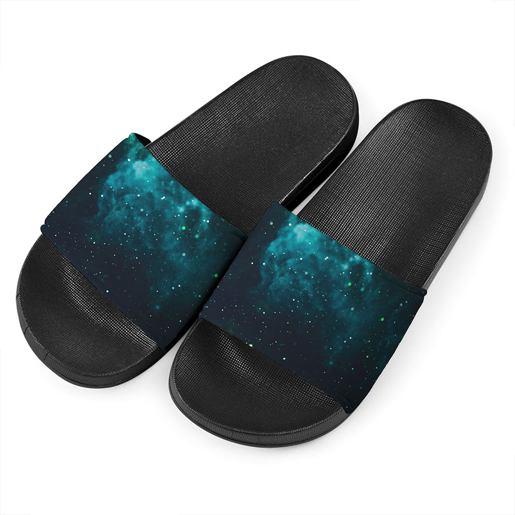 Dark Teal Galaxy Space Print Black Slide Sandals