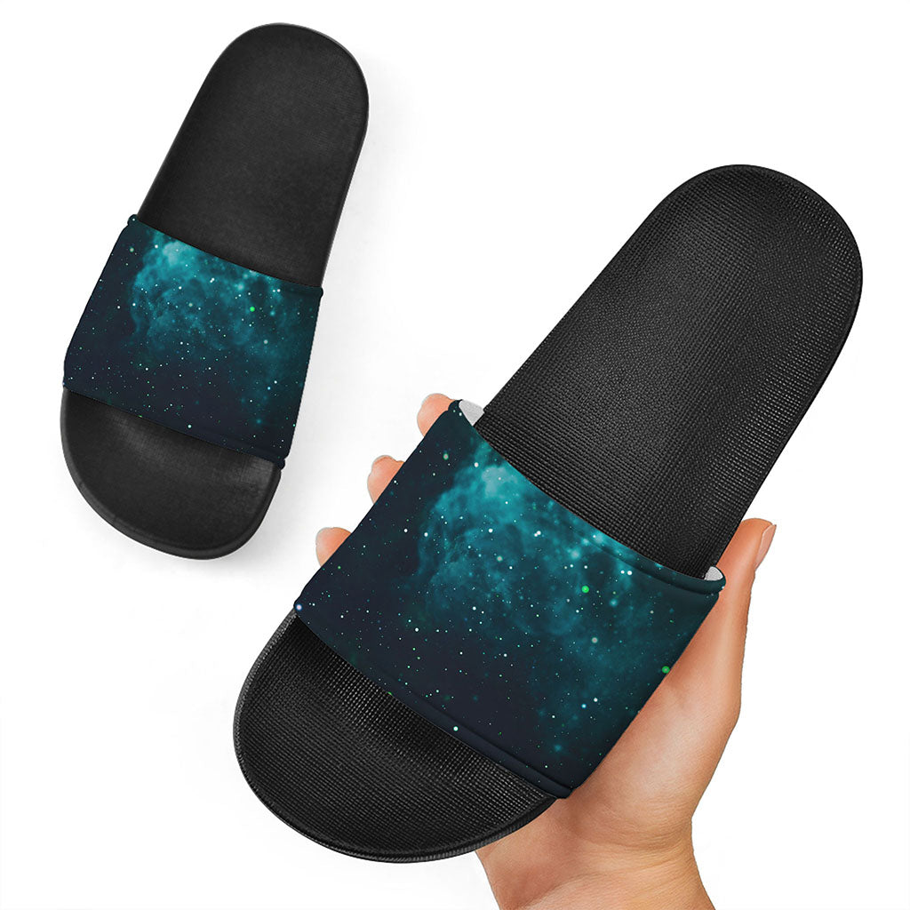 Dark Teal Galaxy Space Print Black Slide Sandals