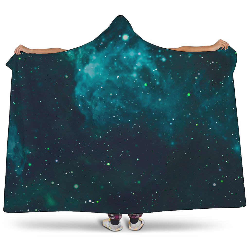 Dark Teal Galaxy Space Print Hooded Blanket