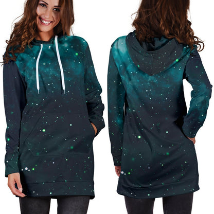 Dark Teal Galaxy Space Print Hoodie Dress GearFrost
