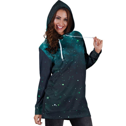 Dark Teal Galaxy Space Print Hoodie Dress GearFrost
