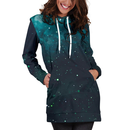 Dark Teal Galaxy Space Print Hoodie Dress GearFrost