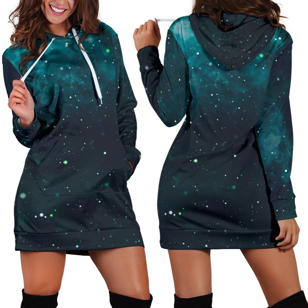 Dark Teal Galaxy Space Print Hoodie Dress GearFrost