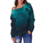 Dark Teal Galaxy Space Print Off Shoulder Sweatshirt GearFrost