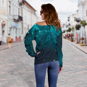 Dark Teal Galaxy Space Print Off Shoulder Sweatshirt GearFrost