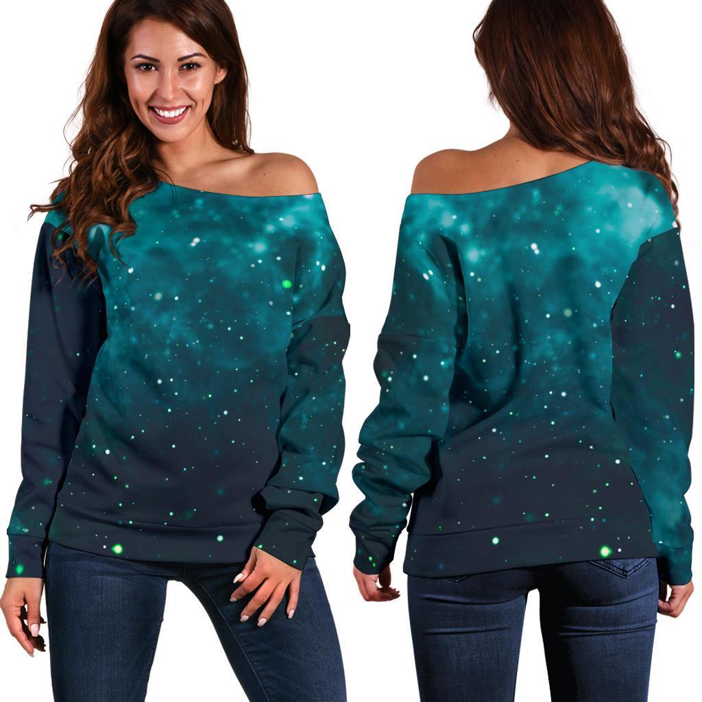 Dark Teal Galaxy Space Print Off Shoulder Sweatshirt GearFrost