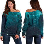 Dark Teal Galaxy Space Print Off Shoulder Sweatshirt GearFrost