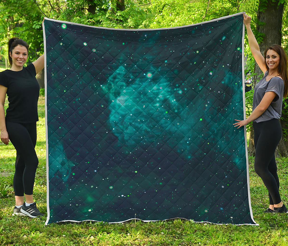 Dark Teal Galaxy Space Print Quilt