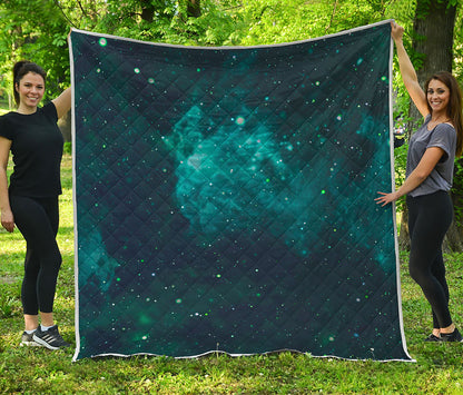Dark Teal Galaxy Space Print Quilt