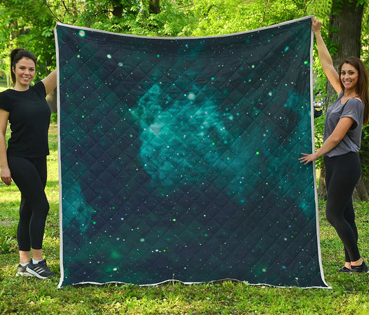 Dark Teal Galaxy Space Print Quilt