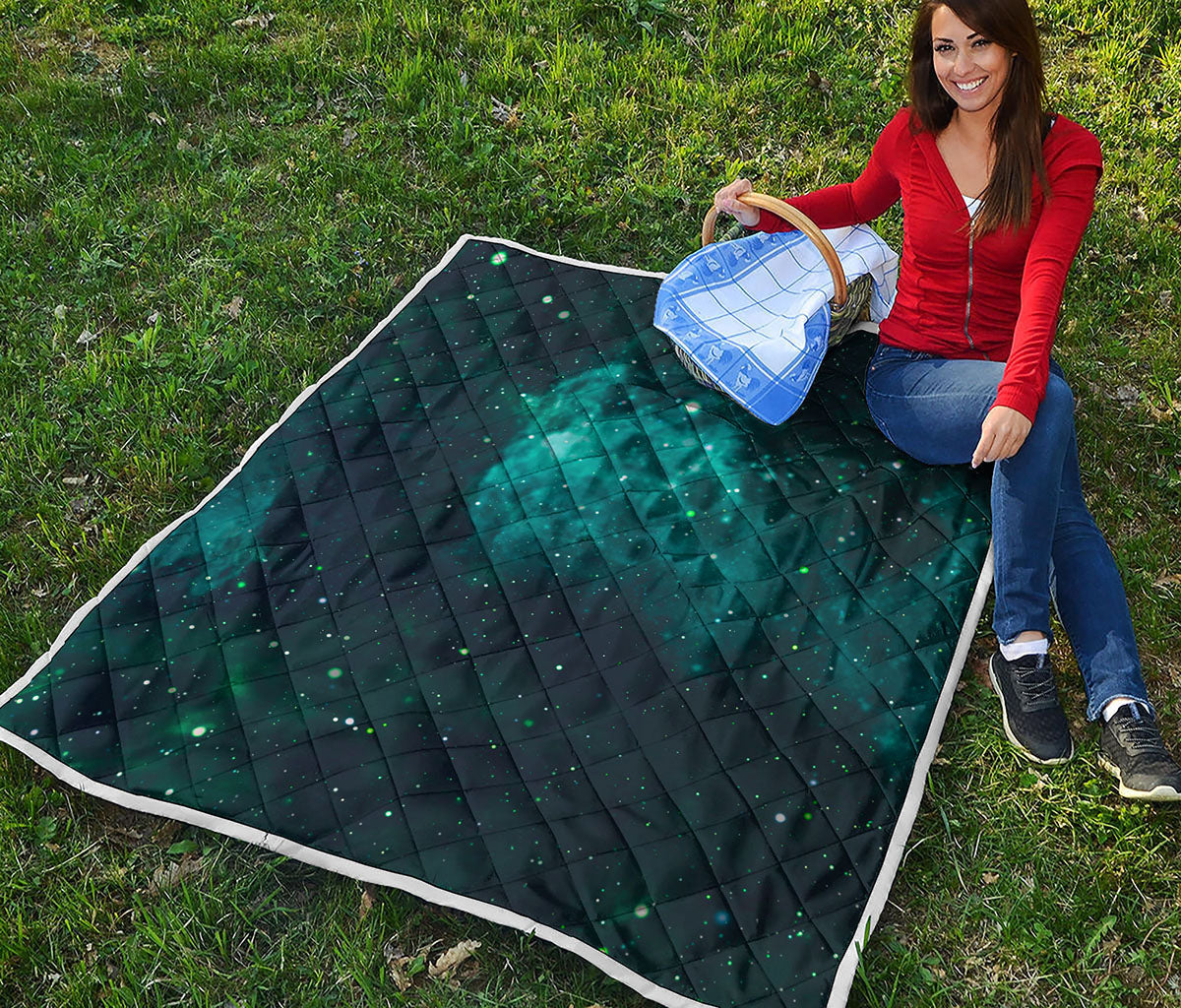 Dark Teal Galaxy Space Print Quilt